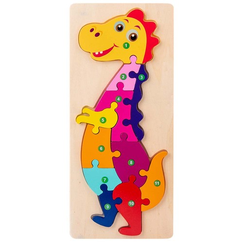 Jucarie educativa, puzzle 3D din lemn incastru, Dinozaur cu cifre, 11 piese