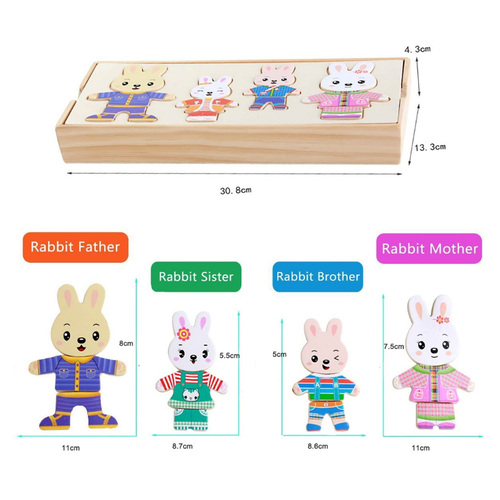 Puzzle incastru din lemn– Imbraca familia iepurasilor, 72 piese