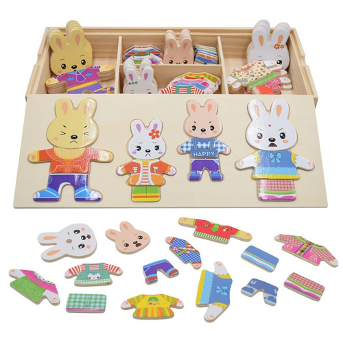 Puzzle incastru din lemn– Imbraca familia iepurasilor, 72 piese