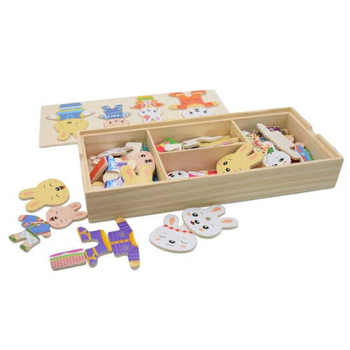 Puzzle incastru din lemn– Imbraca familia iepurasilor, 72 piese