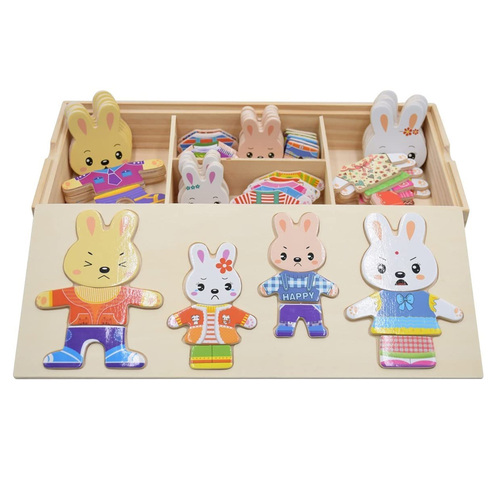 Puzzle incastru din lemn– Imbraca familia iepurasilor, 72 piese