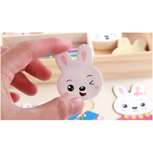 Puzzle incastru din lemn– Imbraca familia iepurasilor, 72 piese