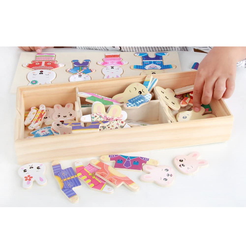 Puzzle incastru din lemn– Imbraca familia iepurasilor, 72 piese