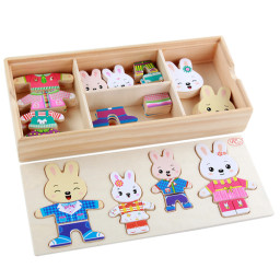 Puzzle incastru din lemn– Imbraca familia iepurasilor, 72 piese