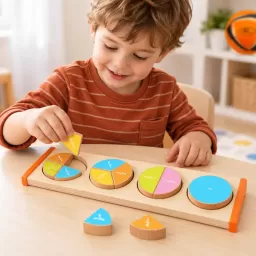 Puzzle Montessori din lemn „Partile unui Intreg”, joc educativ cu fractii si piese 3D cercuri
