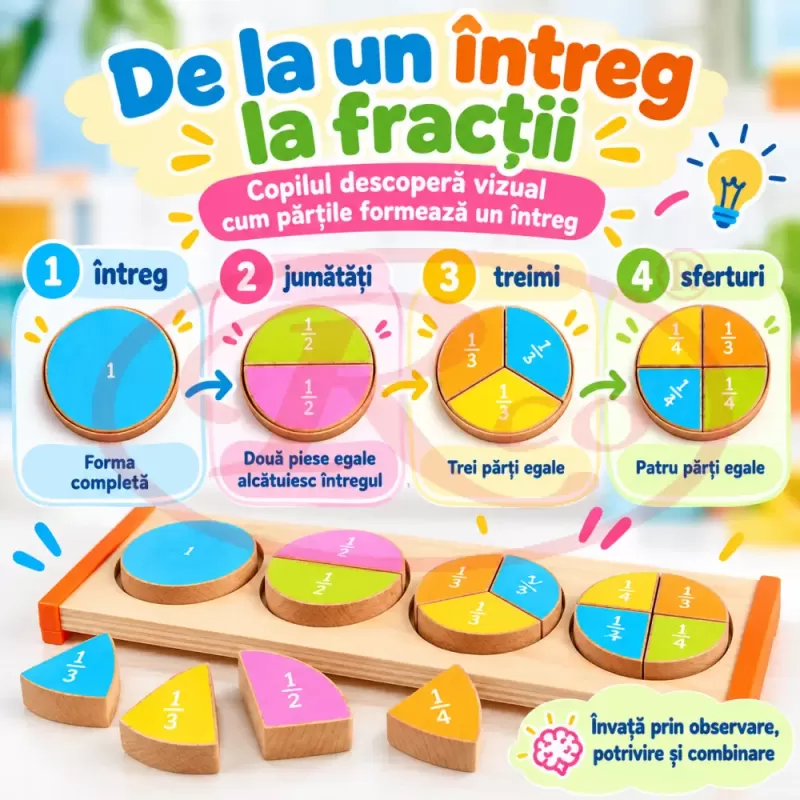 Puzzle educativ din lemn Partile unui Intreg, cu piese colorate pentru invatarea fractiilor
