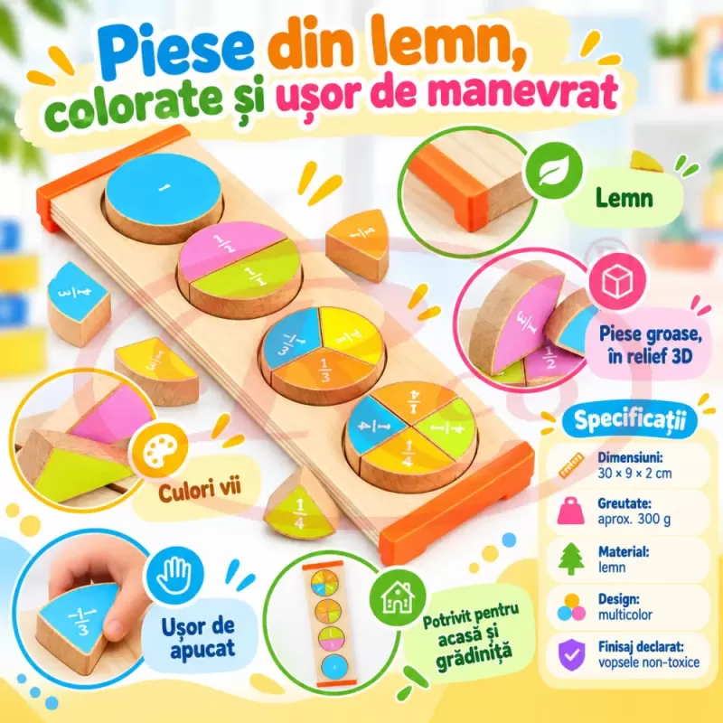 Puzzle educativ din lemn Partile unui Intreg, cu piese colorate pentru invatarea fractiilor
