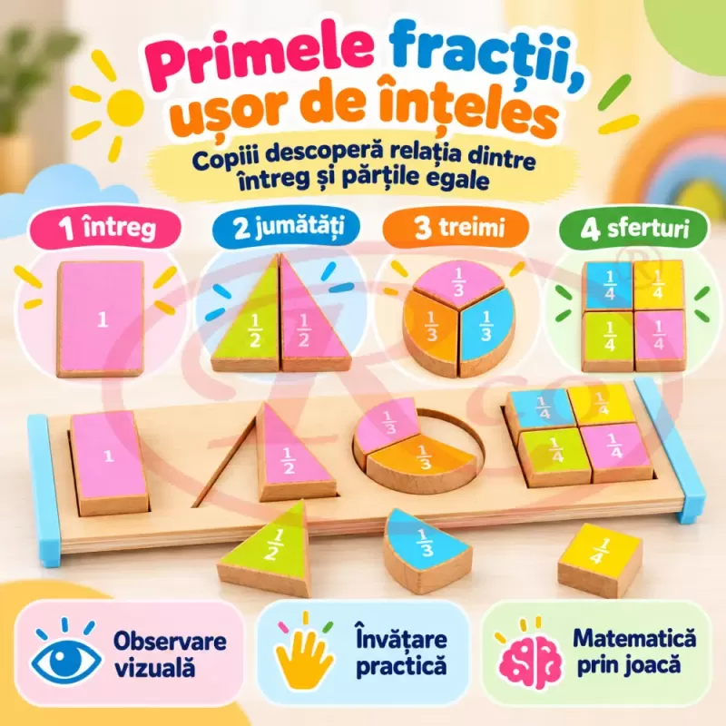 Puzzle Montessori din lemn cu fractii, forme geometrice colorate si piese groase 3D