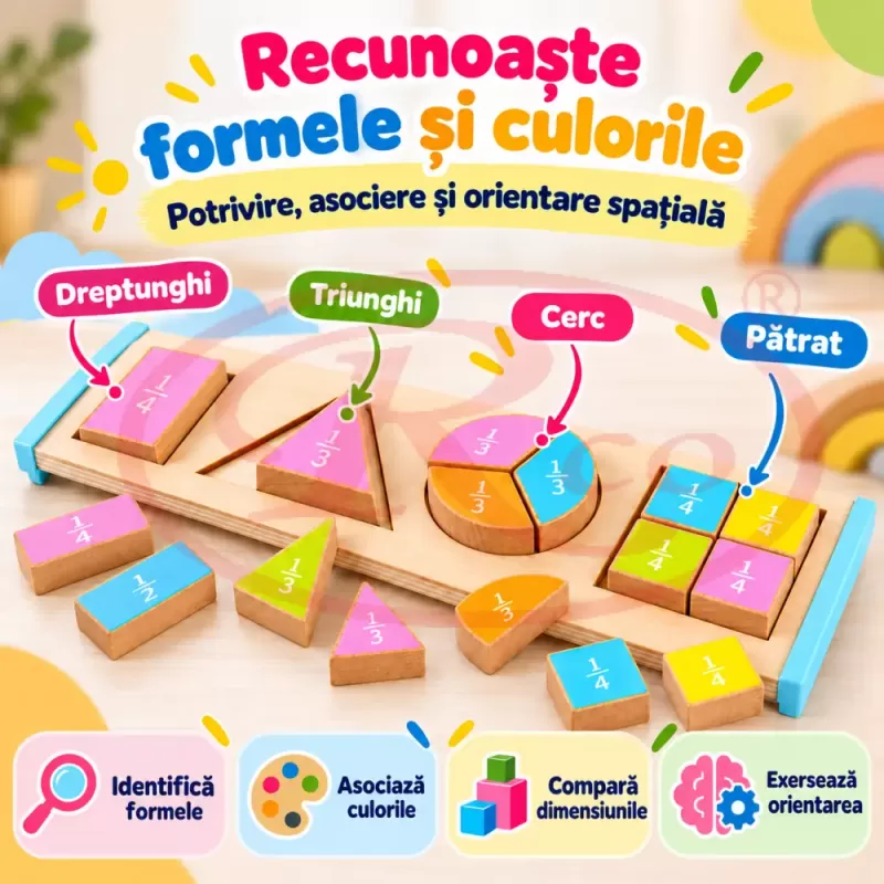 Puzzle Montessori din lemn cu fractii, forme geometrice colorate si piese groase 3D