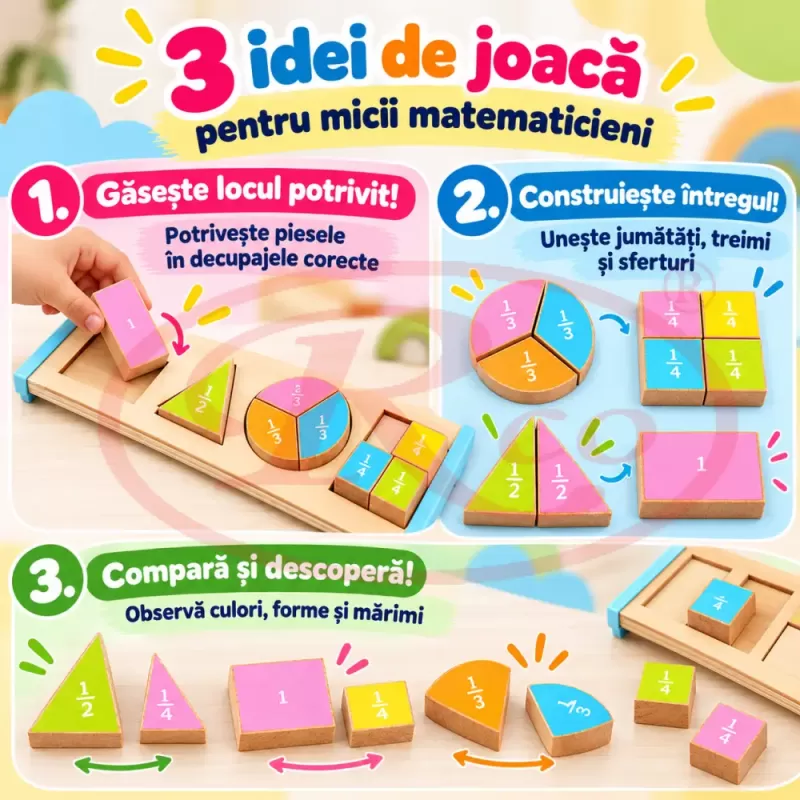 Puzzle Montessori din lemn cu fractii, forme geometrice colorate si piese groase 3D