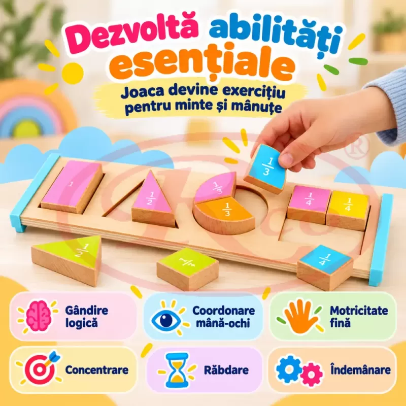 Puzzle Montessori din lemn cu fractii, forme geometrice colorate si piese groase 3D