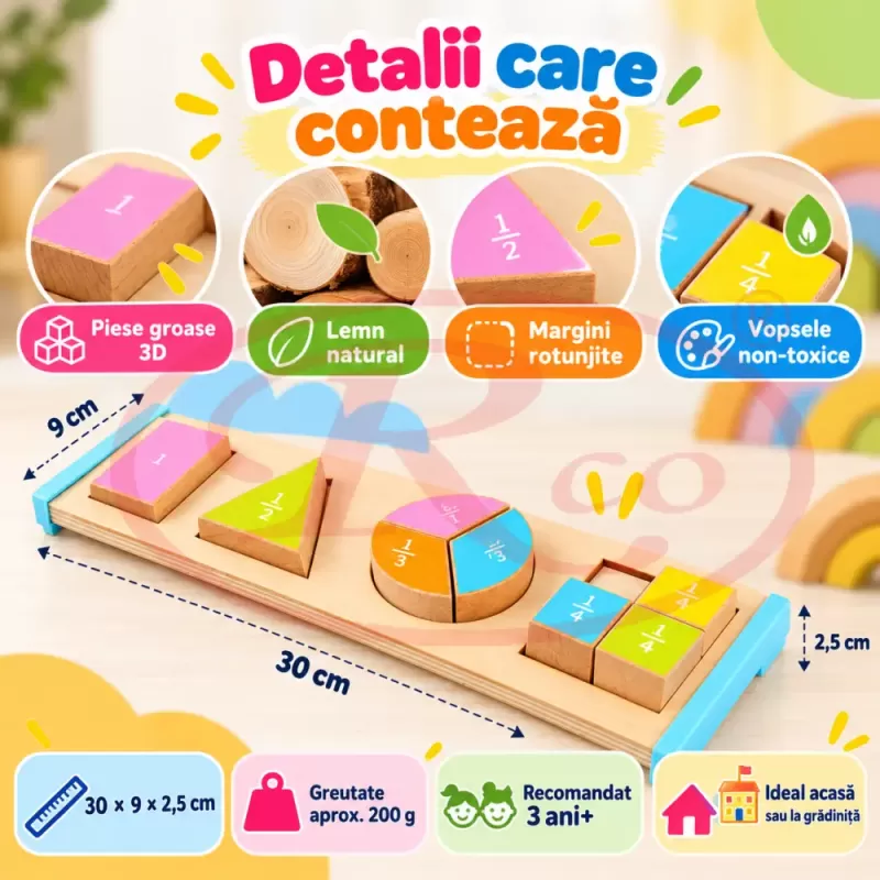 Puzzle Montessori din lemn cu fractii, forme geometrice colorate si piese groase 3D