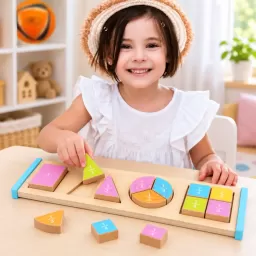 Puzzle Montessori din lemn „Partile unui Intreg”, joc educativ cu fractii si piese 3D forme geometrice