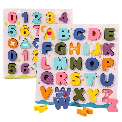 Puzzle incastru din lemn 3D cu litere mari de tipar si ilustratii, in limba engleza, 26 piese