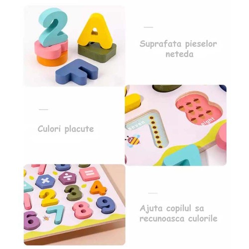 Puzzle incastru din lemn 3D cu cifre, simboluri matematice, multimi si ilustratii, in limba engleza, 25 piese
