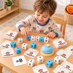 Joc educativ de matematica pentru copii 4 ani+, cu 16 cuburi din lemn, 110 cartonase si clopotel 