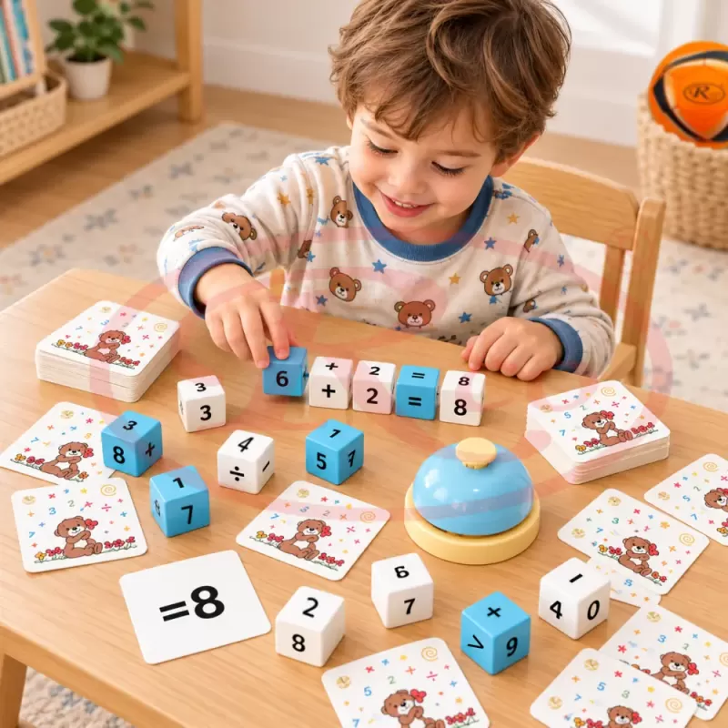 Joc matematic interactiv pentru copii 4 ani+, cu cuburi din lemn, cartonase si clopotel
