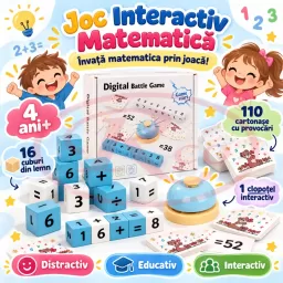 Joc educativ de matematica pentru copii 4 ani+, cu 16 cuburi din lemn, 110 cartonase si clopotel 