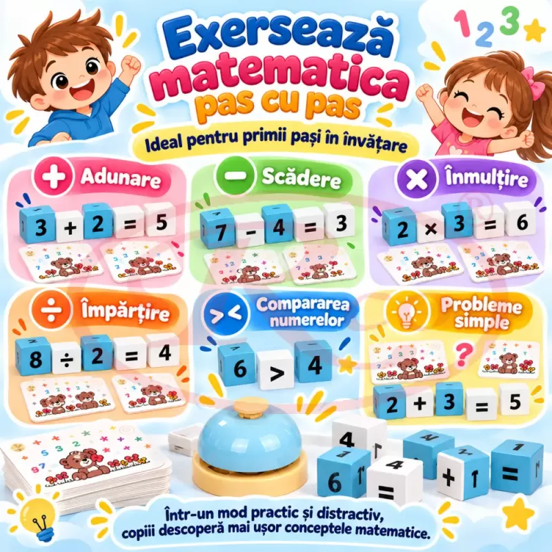 Joc matematic interactiv pentru copii 4 ani+, cu cuburi din lemn, cartonase si clopotel