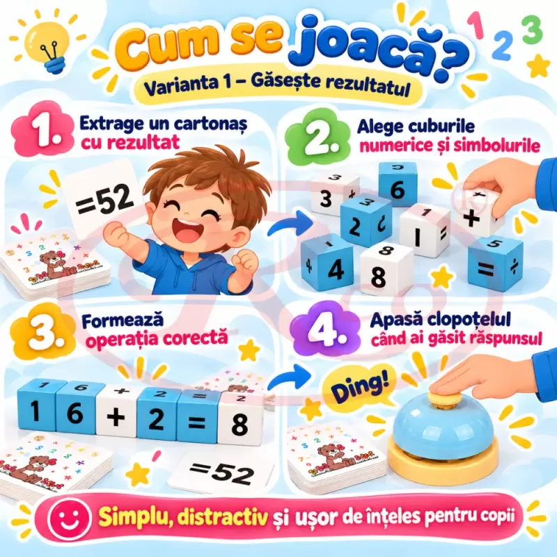 Joc matematic interactiv pentru copii 4 ani+, cu cuburi din lemn, cartonase si clopotel
