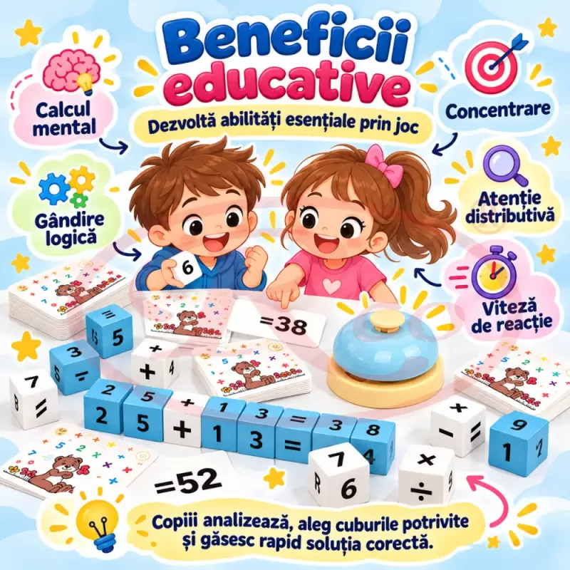 Joc matematic interactiv pentru copii 4 ani+, cu cuburi din lemn, cartonase si clopotel