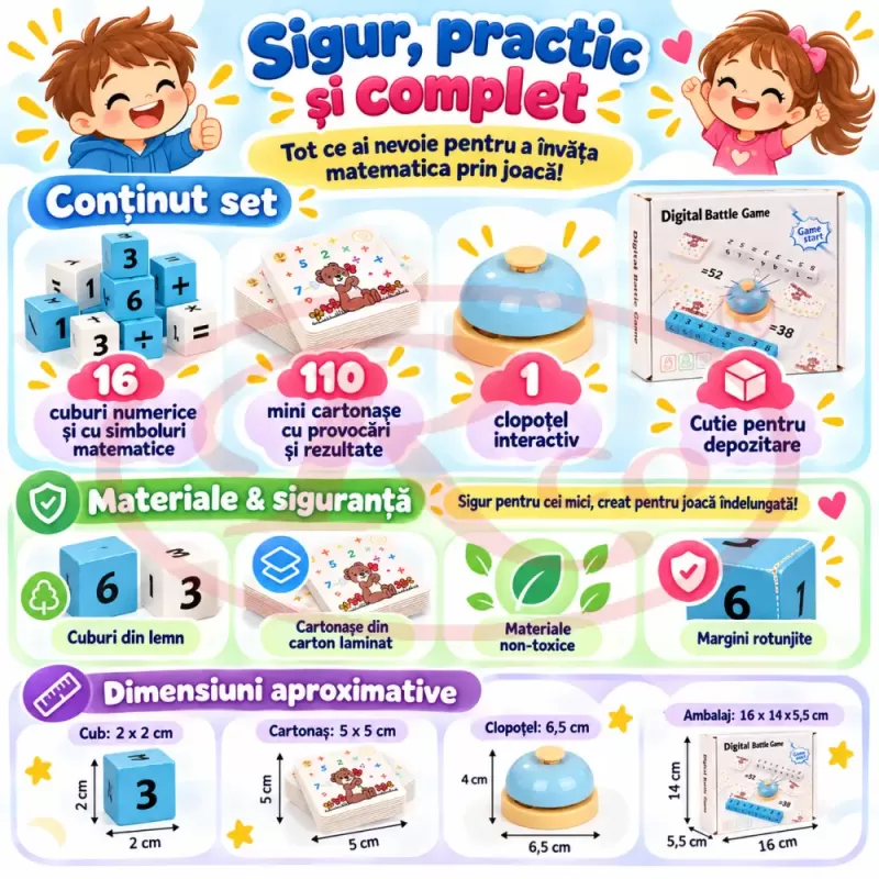 Joc matematic interactiv pentru copii 4 ani+, cu cuburi din lemn, cartonase si clopotel