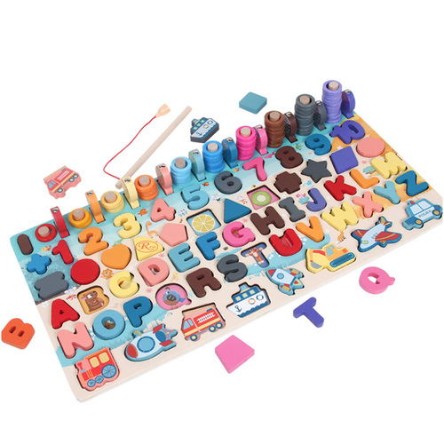 Joc lemn 5 in 1 Montessori cu logaritmic cu stivuire piese, litere, cifre, forme geometrice si pescuit magnetic