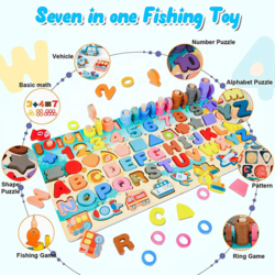 Joc lemn 5 in 1 Montessori cu logaritmic cu stivuire piese, litere, cifre, forme geometrice si pescuit magnetic