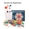 Joc educativ, Tangram cu 180 piese geometrice din lemn si fise de lucru, multicolor, 3 ani+