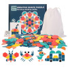 Joc educativ, Tangram cu 180 piese geometrice din lemn si fise de lucru, multicolor, 3 ani+