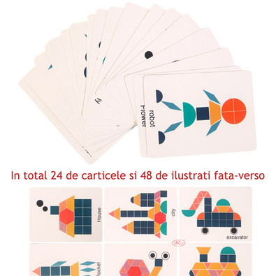 Joc educativ, Tangram cu 180 piese geometrice din lemn si fise de lucru, multicolor, 3 ani+