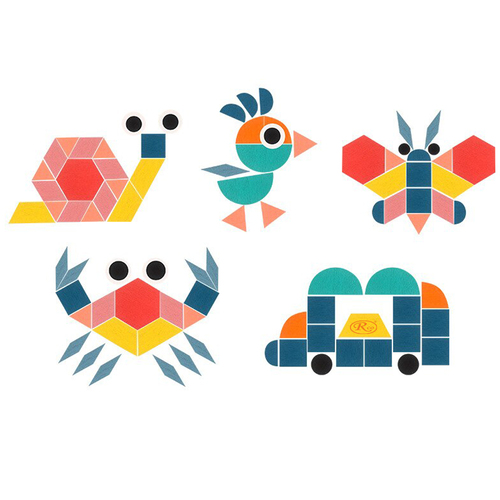 Joc educativ, Tangram cu 180 piese geometrice din lemn si fise de lucru, multicolor, 3 ani+