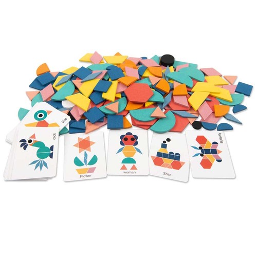 Joc educativ, Tangram cu 180 piese geometrice din lemn si fise de lucru, multicolor, 3 ani+