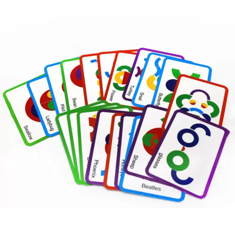 Joc educativ, Tangram cu 32 piese geometrice din lemn si fise de lucru, multicolor, 3 ani+