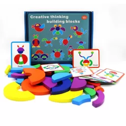 Joc educativ, Tangram cu 32 piese geometrice din lemn si fise de lucru, multicolor, 3 ani+