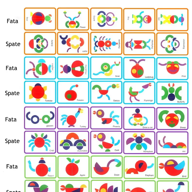 Joc educativ, Tangram cu 32 piese geometrice din lemn si fise de lucru, multicolor, 3 ani+