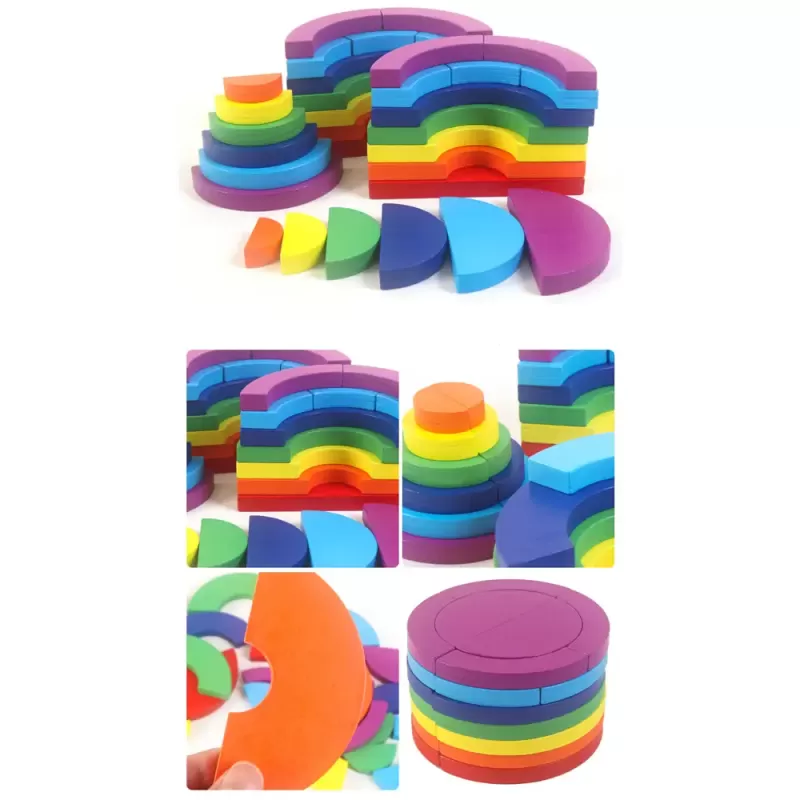 Joc educativ, Tangram cu 32 piese geometrice din lemn si fise de lucru, multicolor, 3 ani+