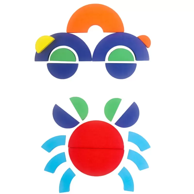 Joc educativ, Tangram cu 32 piese geometrice din lemn si fise de lucru, multicolor, 3 ani+