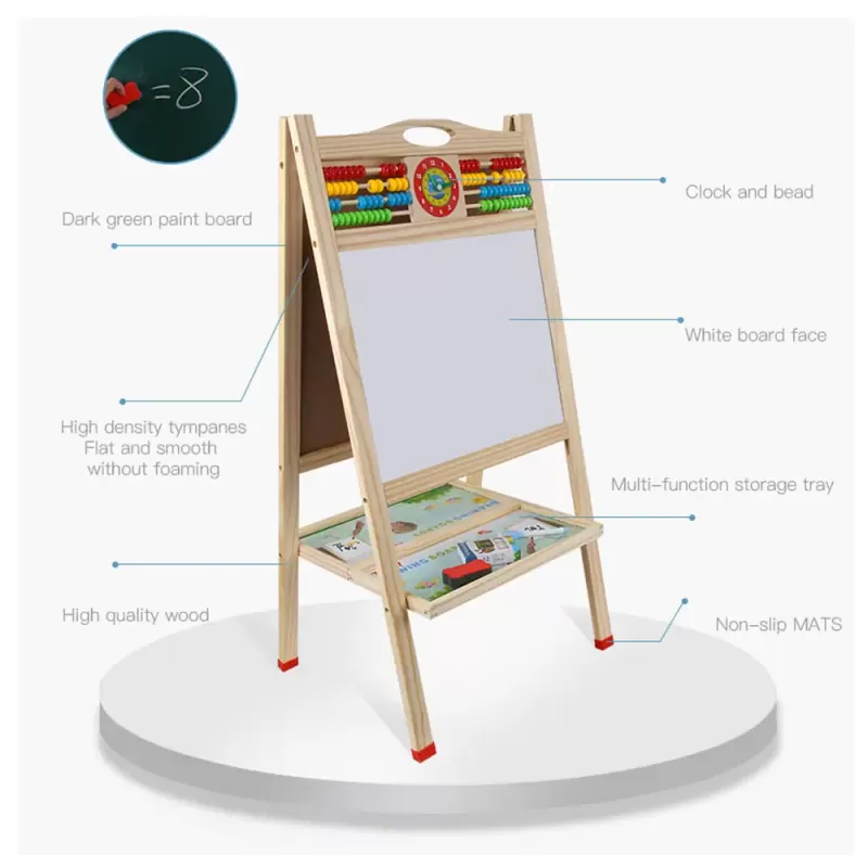 Tabla de scris din lemn, magnetica, cu doua fete, numaratoare, ceas si suport 81 x 41 cm