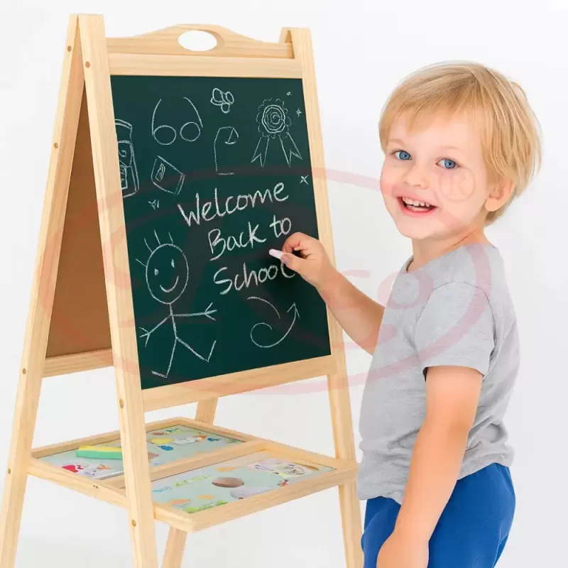 Tabla de scris din lemn, magnetica, cu doua fete, numaratoare, ceas si suport 81 x 41 cm