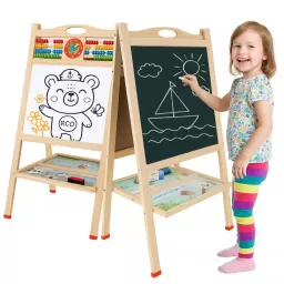 Tabla de scris din lemn, magnetica, cu doua fete, numaratoare, ceas si suport 81 x 41 cm