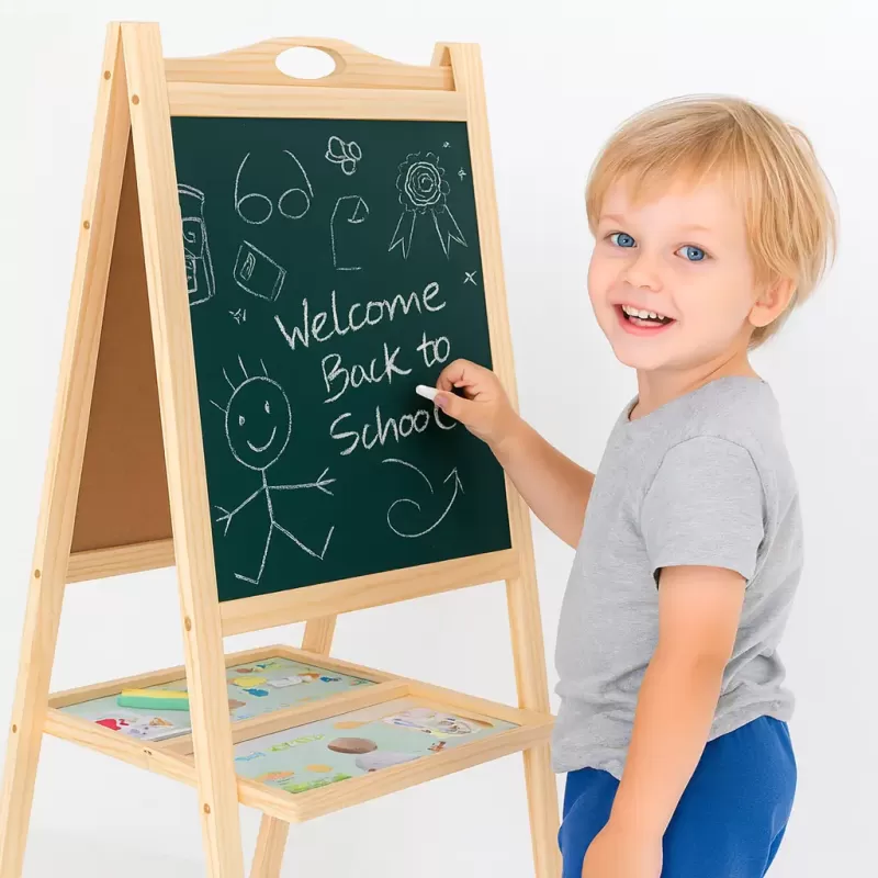 Tabla de scris din lemn, magnetica, cu doua fete, numaratoare, ceas si suport 90 x 45 cm