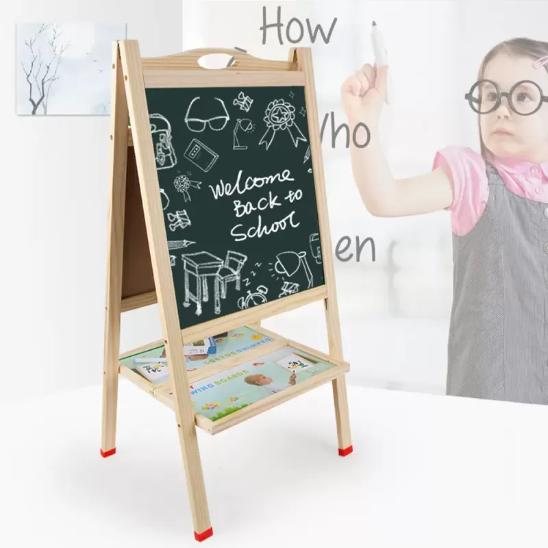 Tabla de scris din lemn, magnetica, cu doua fete, numaratoare, ceas si suport 90 x 45 cm