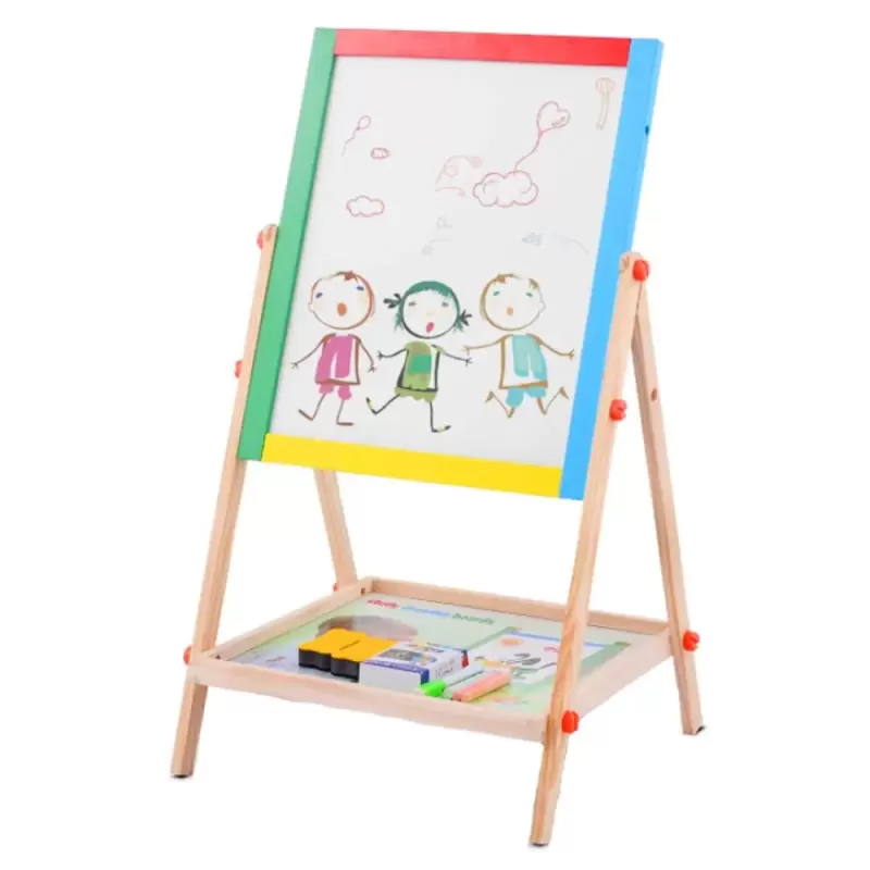 Tabla Magnetica cu Doua Fete si rotatie 360 grade, cu Litere, Cifre,Tetris si accesorii, 65 x 37 cm, din lemn