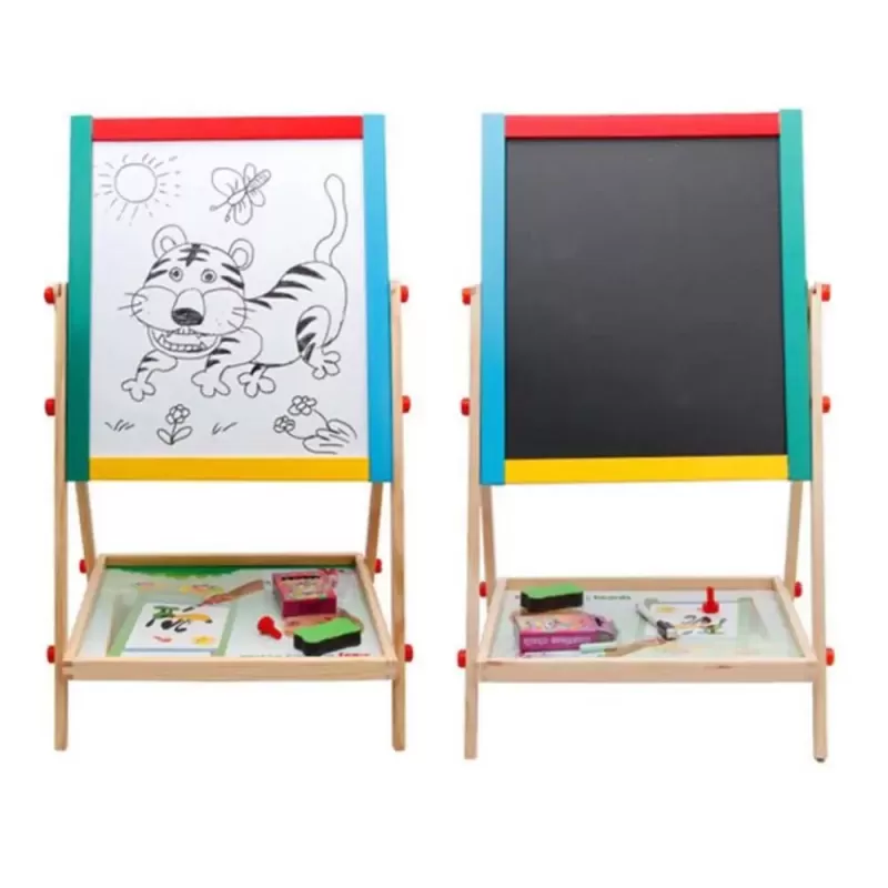 Tabla Magnetica cu Doua Fete si rotatie 360 grade, cu Litere, Cifre,Tetris si accesorii, 65 x 37 cm, din lemn