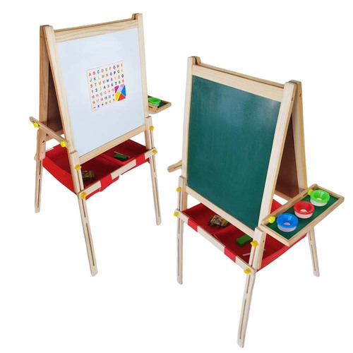 Tabla magnetica cu doua fete, litere, cifre, tetris si accesorii, pahare si 2 cosuri textile pentru depozitare 120x54cm, din lemn