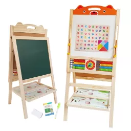 Tabla de scris din lemn, magnetica cu 2 fete, ceas, abac si accesorii, Ursulet