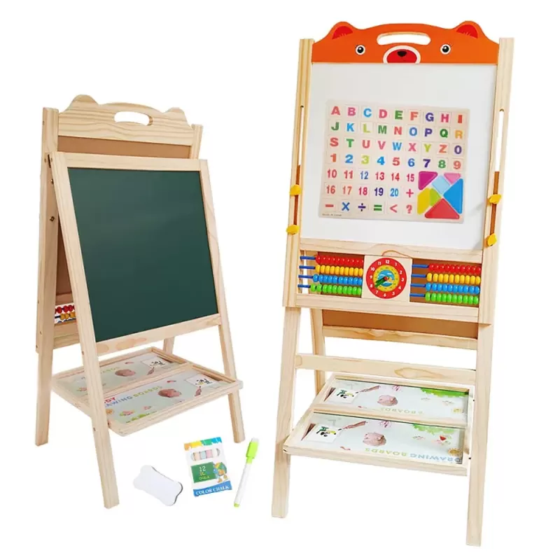 Tabla de scris din lemn, magnetica cu 2 fete, ceas, abac si accesorii, Ursulet