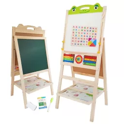 Tabla de scris din lemn, magnetica cu 2 fete, ceas, abac si accesorii, Broscuta