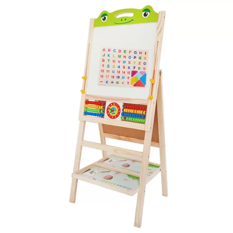 Tabla de scris din lemn, magnetica cu 2 fete, ceas, abac si accesorii, Broscuta